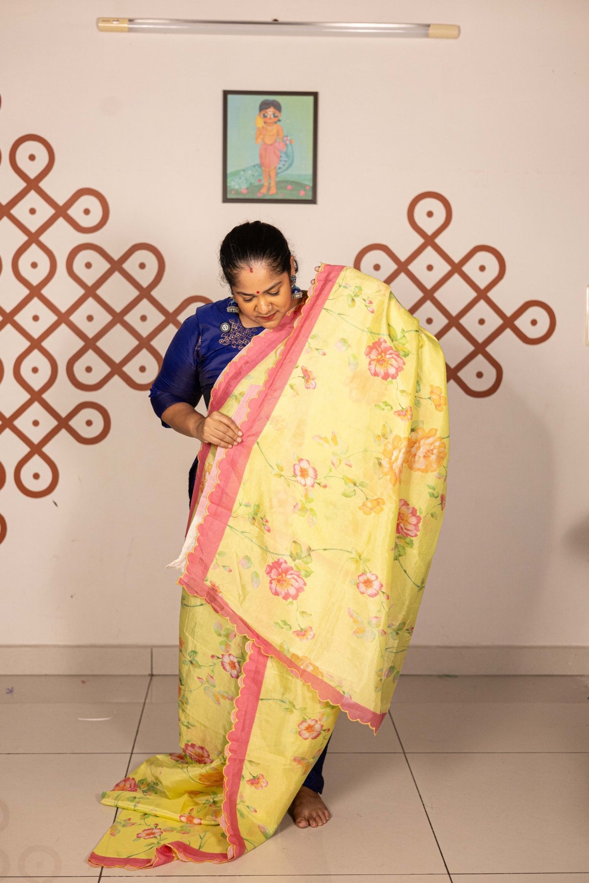 Mangalgiri Garden Saree - Lemon Yellow Floral with Pink