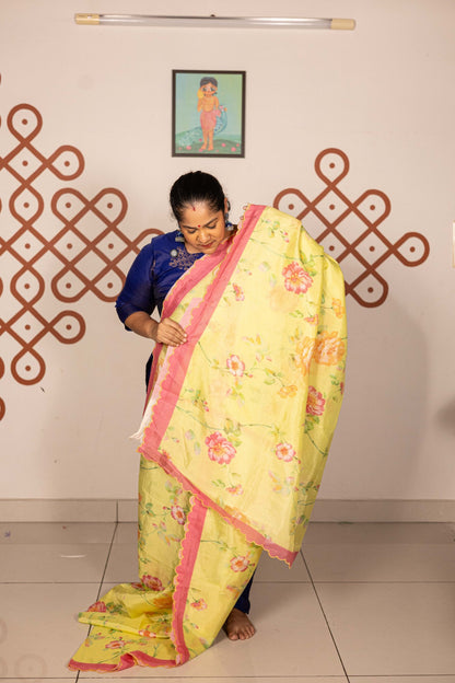 Mangalgiri Garden Saree - Lemon Yellow Floral with Pink