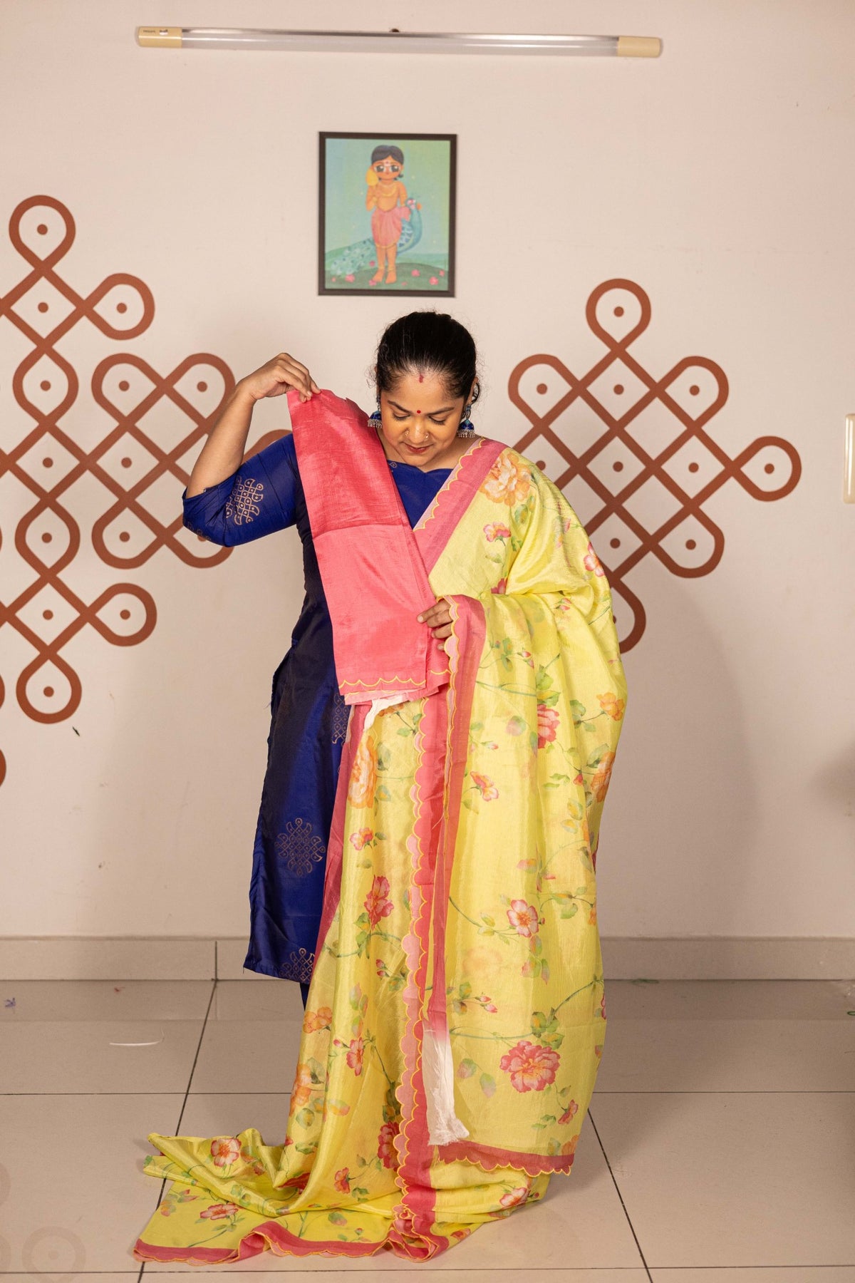 Mangalgiri Garden Saree - Lemon Yellow Floral with Pink