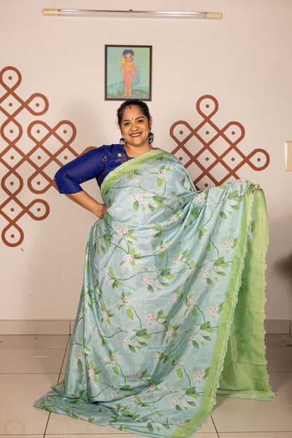 Mangalgiri Garden Saree -  Pastel Blue with Green