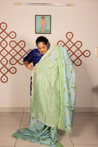Mangalgiri Garden Saree -  Pastel Blue with Green