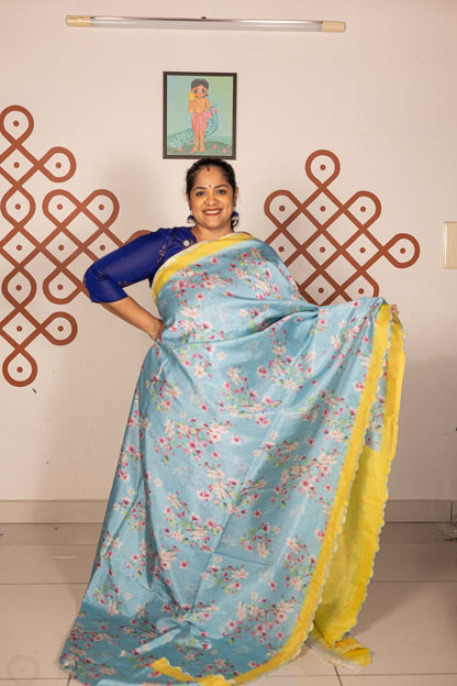 Mangalgiri Garden Saree - Sky  Blue with Yellow