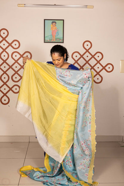 Mangalgiri Garden Saree - Sky  Blue with Yellow