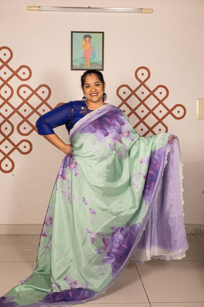 Mangalgiri Garden Saree - Pista  green with Lavender