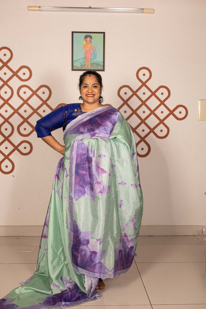 Mangalgiri Garden Saree - Pista  green with Lavender