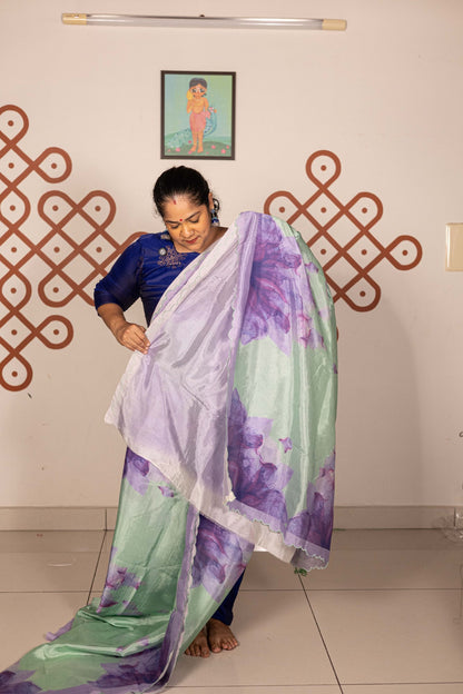 Mangalgiri Garden Saree - Pista  green with Lavender