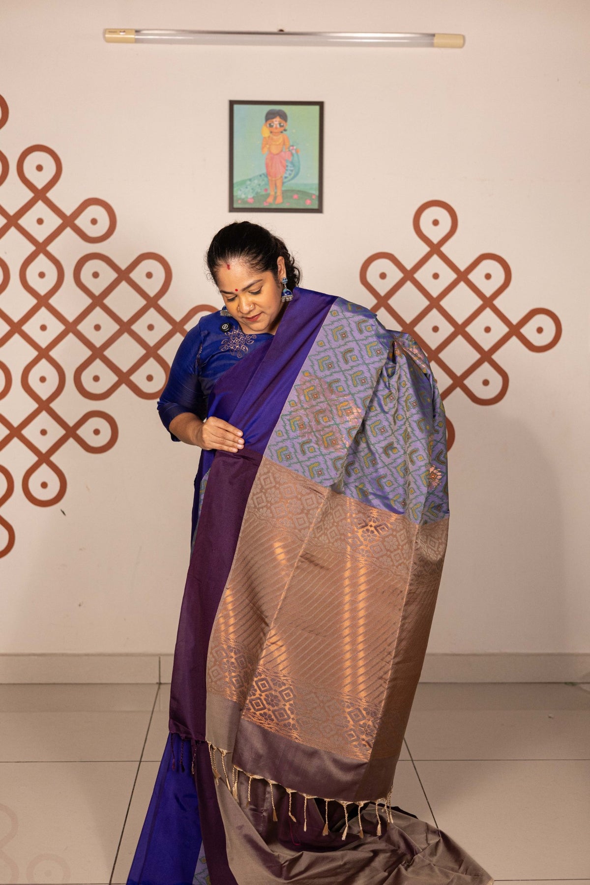 Pochampally printed Semi Soft Silk Saree -Dual Shade Purple with Copper Zari