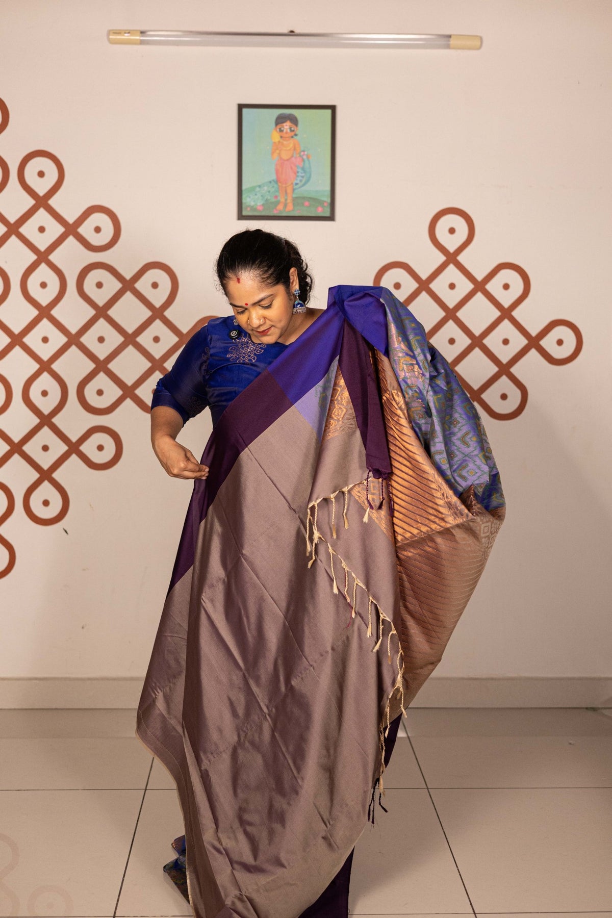Pochampally printed Semi Soft Silk Saree -Dual Shade Purple with Copper Zari