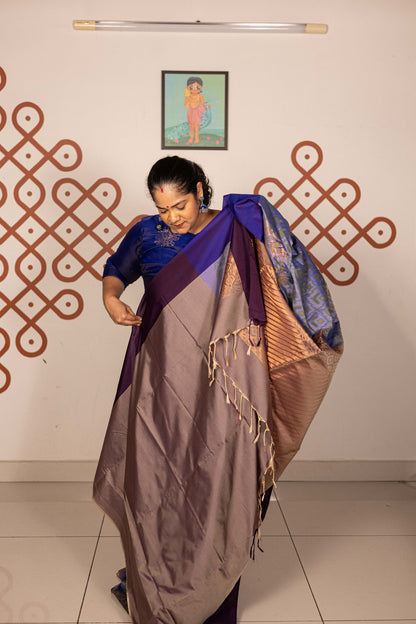 Pochampally printed Semi Soft Silk Saree -Dual Shade Purple with Copper Zari