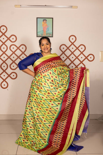 Pochampally Printed Semi Soft Silk Saree - Cardamom Green with Violet
