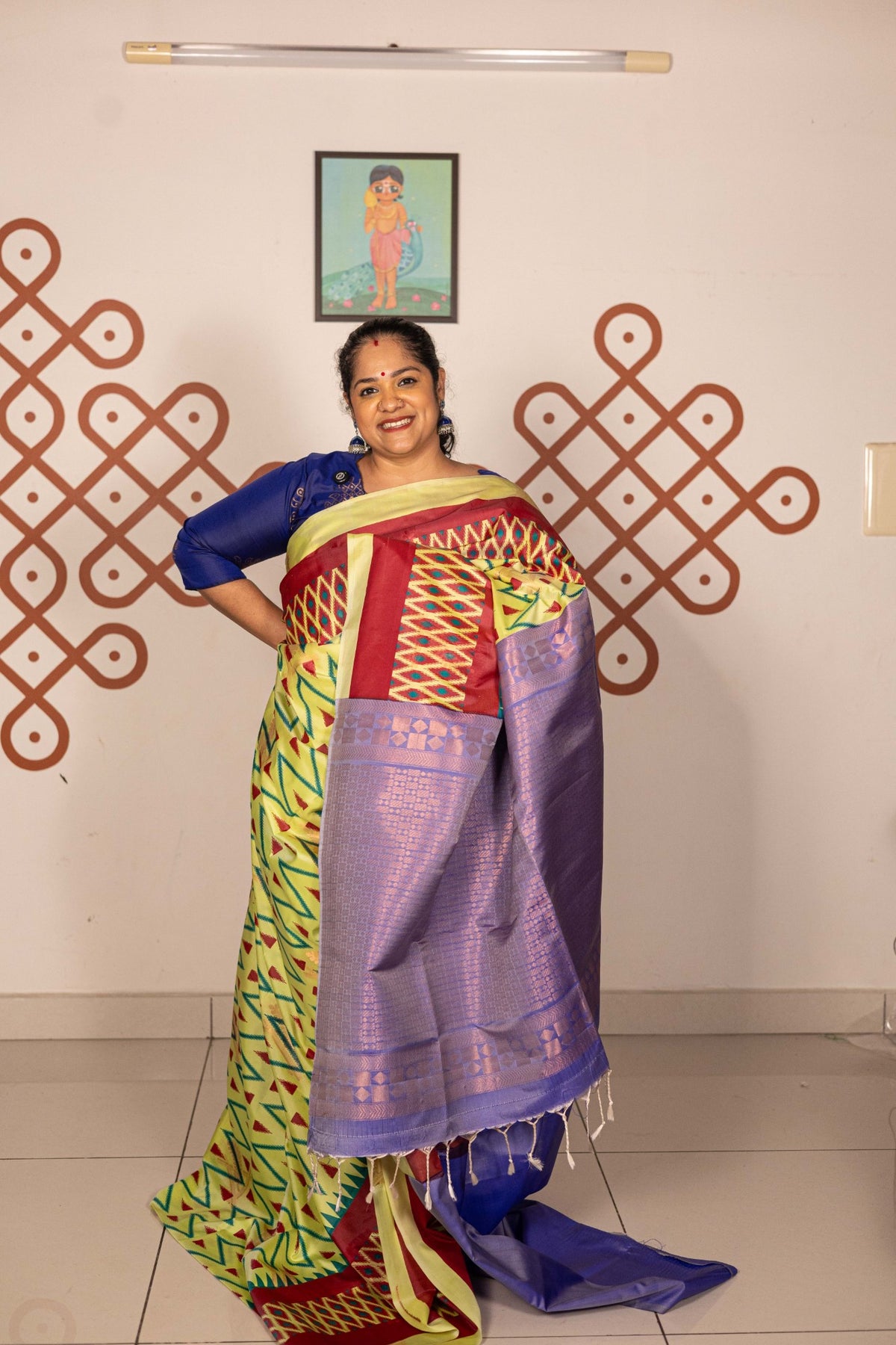 Pochampally Printed Semi Soft Silk Saree - Cardamom Green with Violet