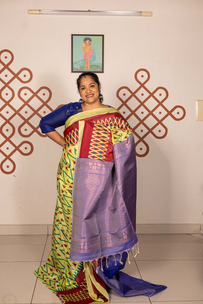 Pochampally Printed Semi Soft Silk Saree - Cardamom Green with Violet