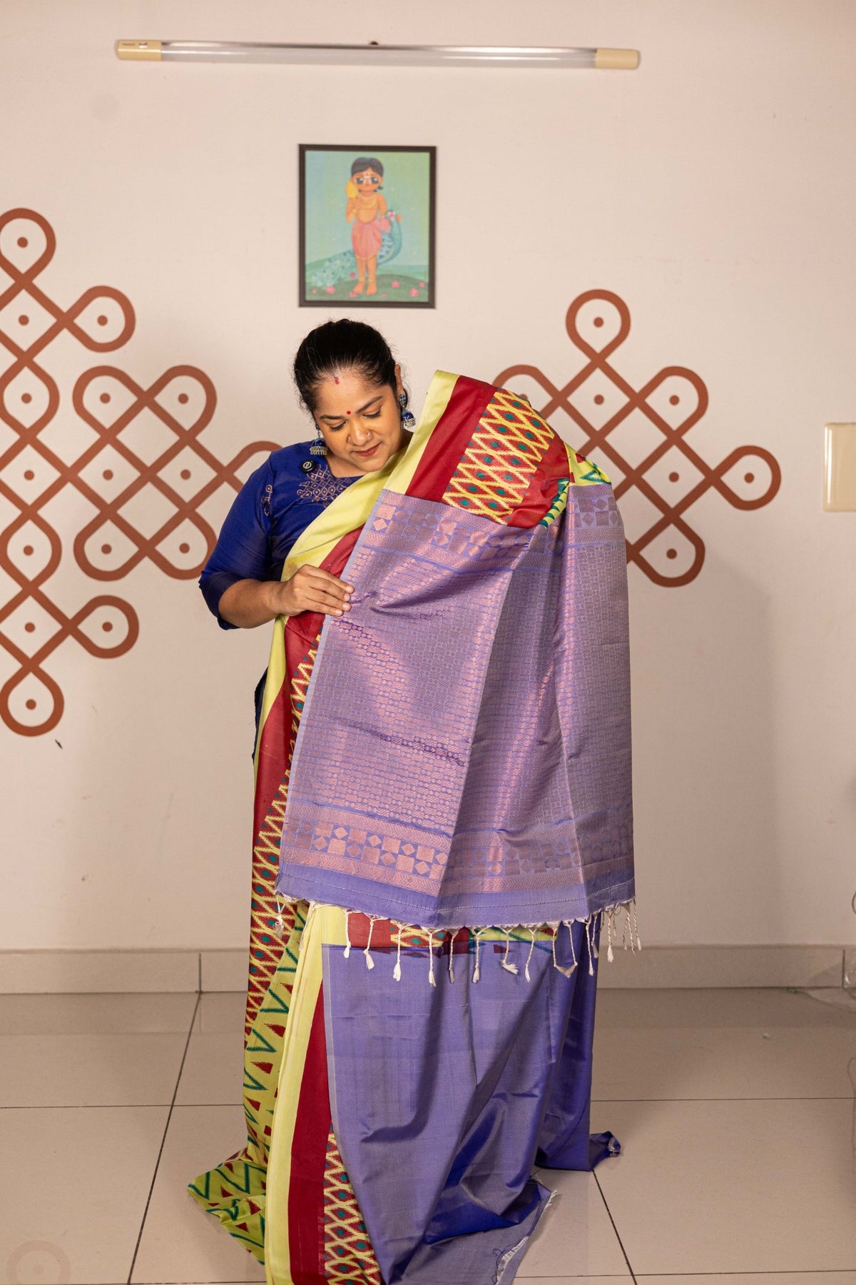 Pochampally Printed Semi Soft Silk Saree - Cardamom Green with Violet