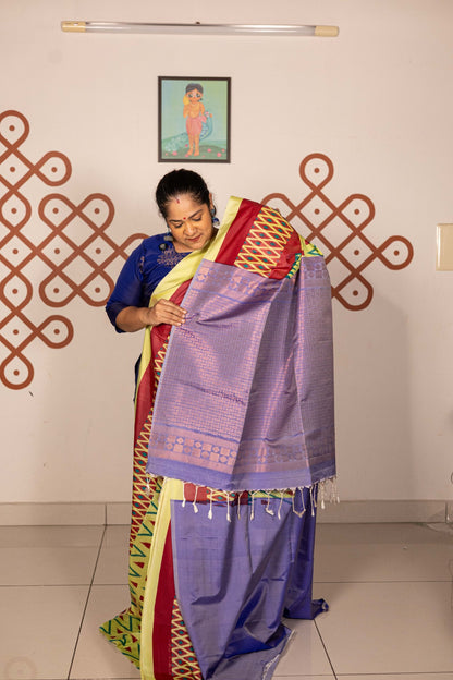 Pochampally Printed Semi Soft Silk Saree - Cardamom Green with Violet