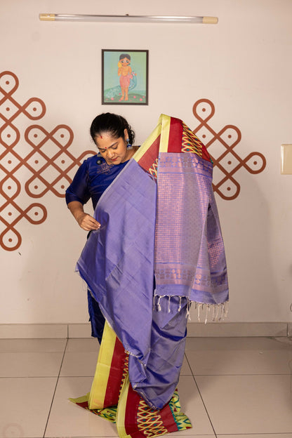 Pochampally Printed Semi Soft Silk Saree - Cardamom Green with Violet