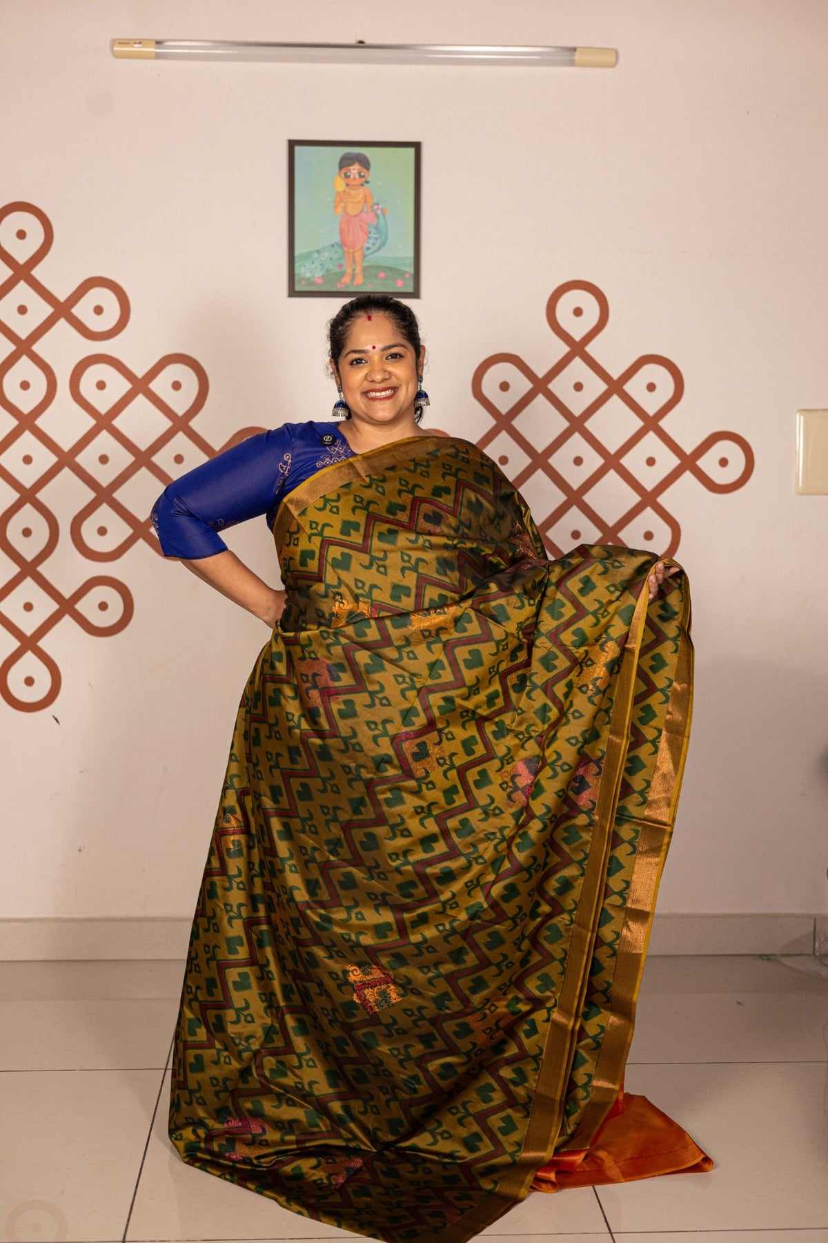 Pochampally printed Semi Soft Silk Saree -Dual Shade Green with Orange