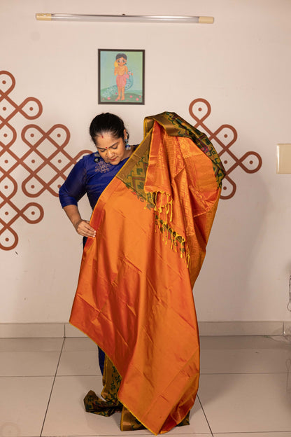 Pochampally printed Semi Soft Silk Saree -Dual Shade Green with Orange