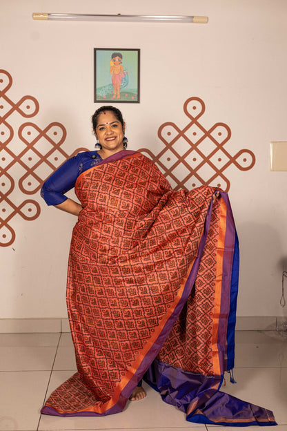 Pochampally printed Semi Soft Silk Saree -Peach with Purple