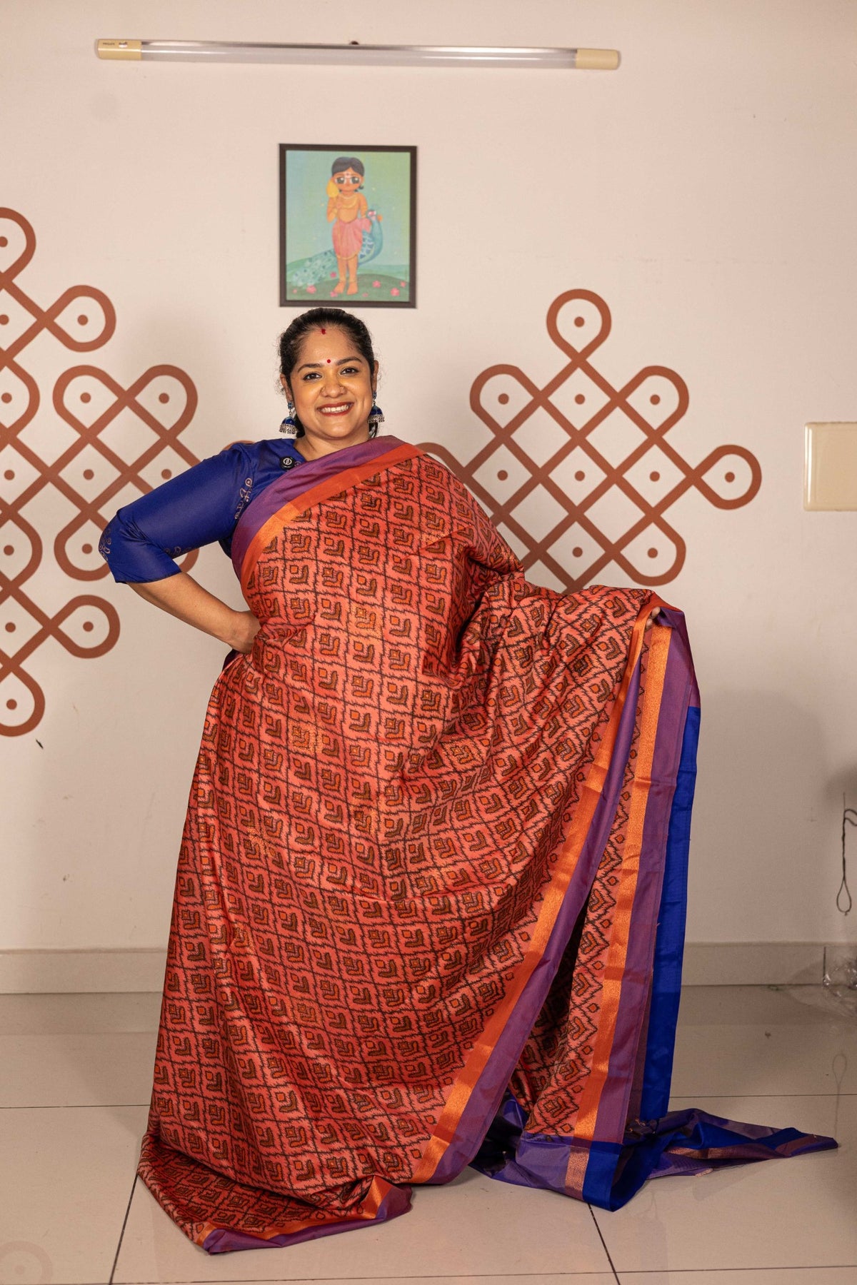 Pochampally printed Semi Soft Silk Saree -Peach with Purple