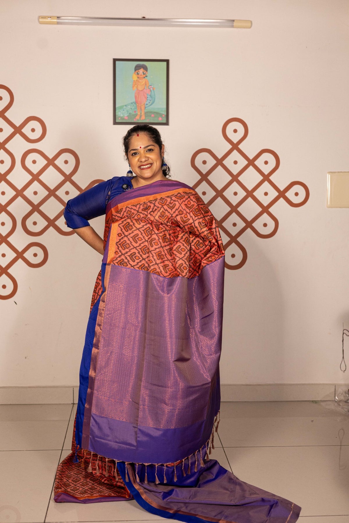 Pochampally printed Semi Soft Silk Saree -Peach with Purple