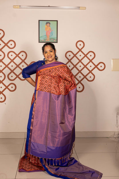 Pochampally printed Semi Soft Silk Saree -Peach with Purple