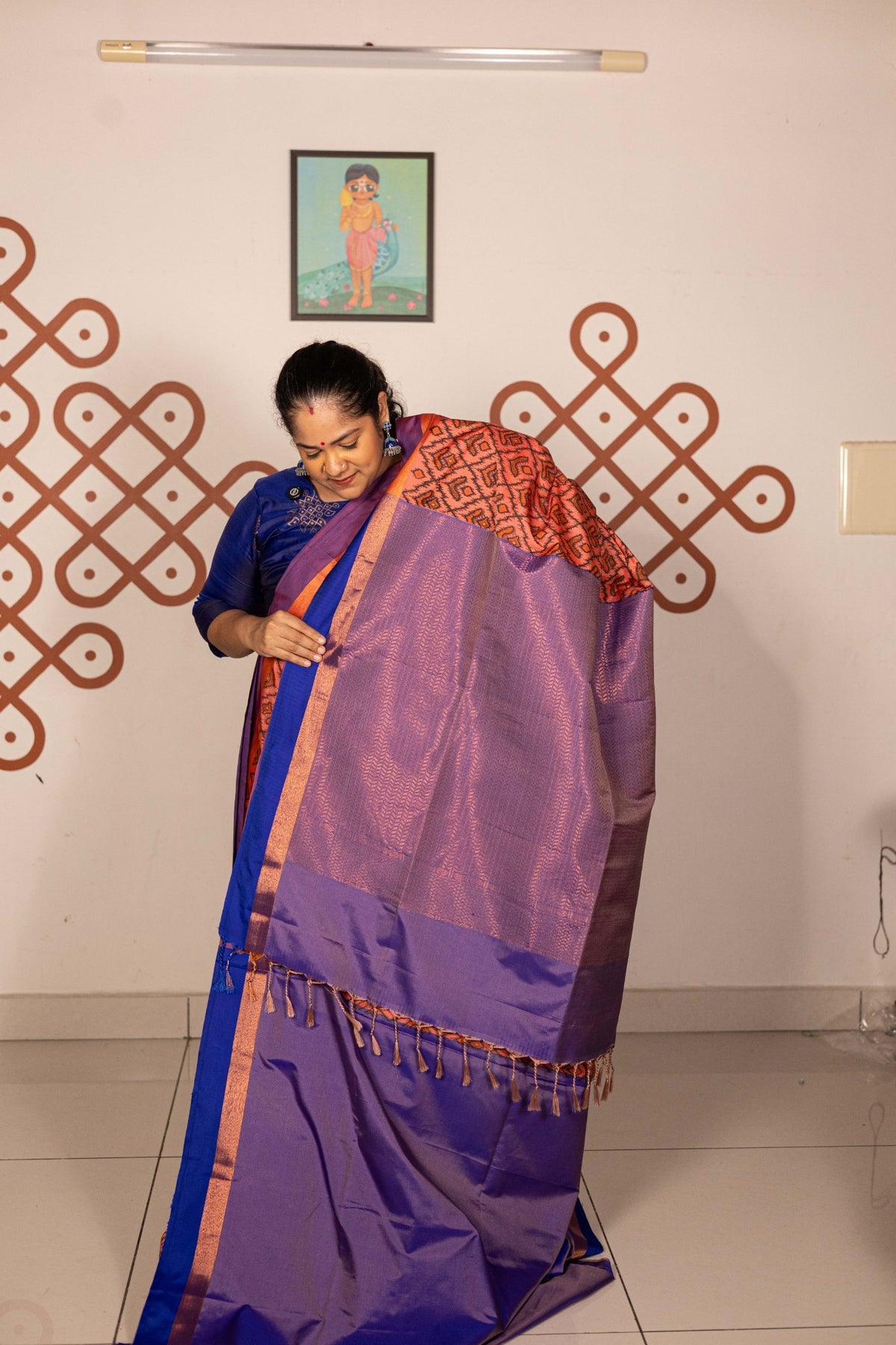 Pochampally printed Semi Soft Silk Saree -Peach with Purple