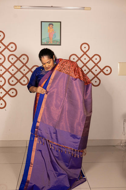 Pochampally printed Semi Soft Silk Saree -Peach with Purple