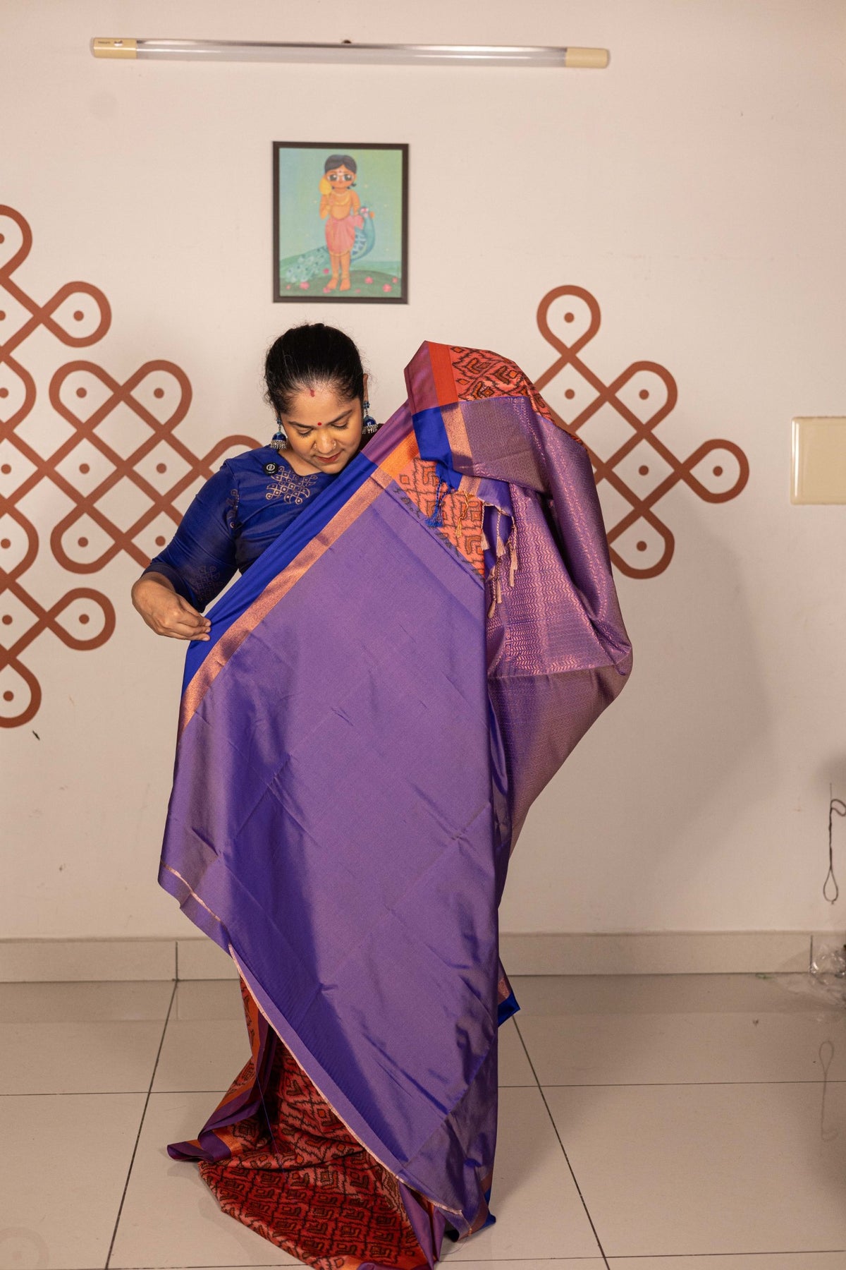 Pochampally printed Semi Soft Silk Saree -Peach with Purple