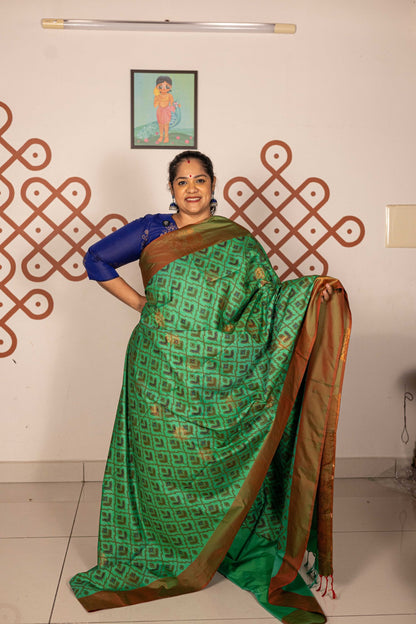 Pochampally printed Semi Soft Silk Saree -Leaf Green