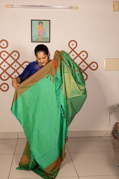 Pochampally printed Semi Soft Silk Saree -Leaf Green