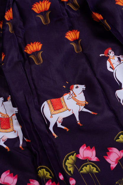 Pink crop top with pichwai printed purple skirt