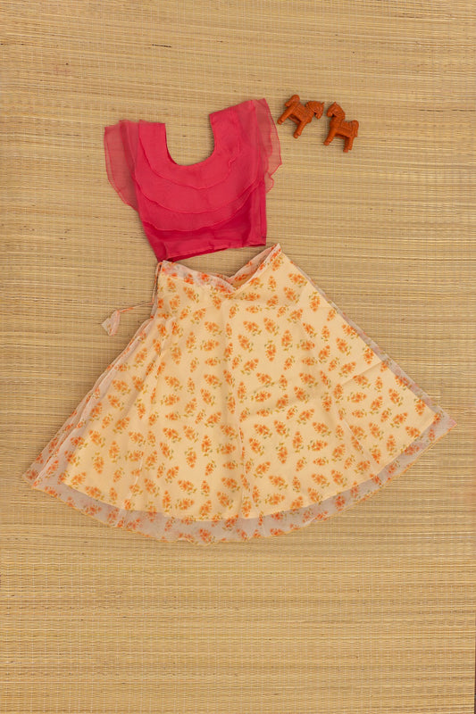 Red with sandal Organza Top & Skirt