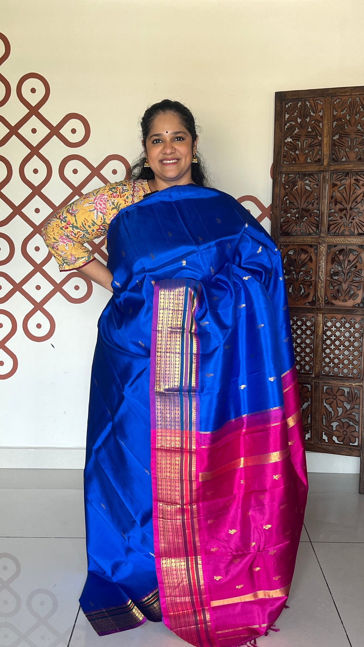 Ink Blue with vadamalli dual shade border with pink pallu
