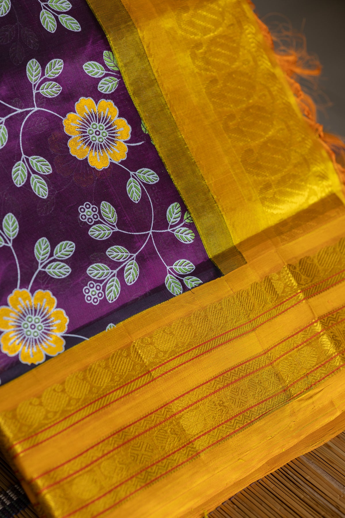Kathirikai violet with mustard yellow block print silk cotton