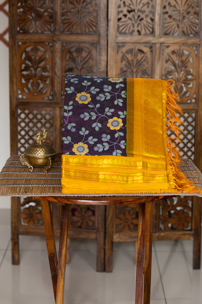 Kathirikai violet with mustard yellow block print silk cotton