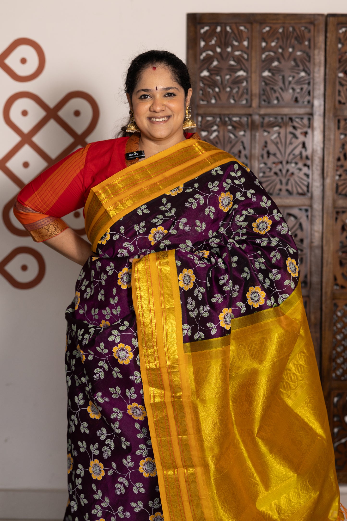 Kathirikai violet with mustard yellow block print silk cotton