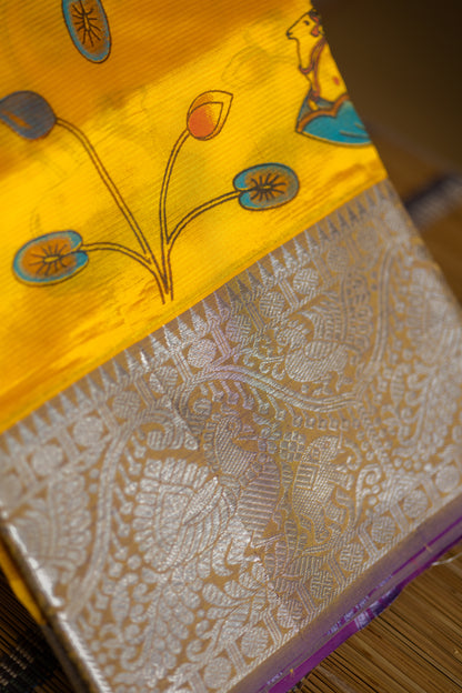 Mangalgiri silk cotton - Light  lemon yellow with pichwai print