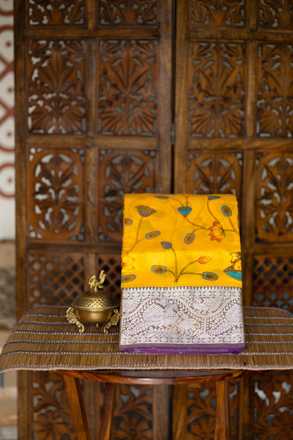 Mangalgiri silk cotton - Light  lemon yellow with pichwai print