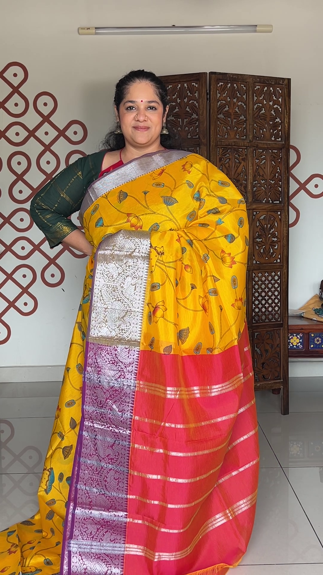 Mangalgiri silk cotton - Light  lemon yellow with pichwai print