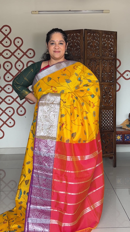 Mangalgiri silk cotton - Light  lemon yellow with pichwai print