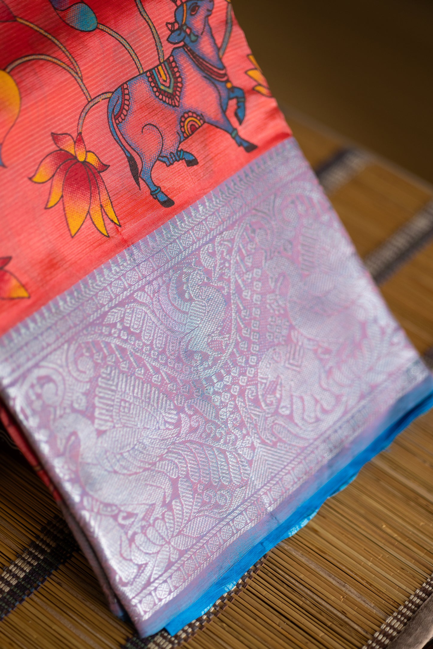 Mangalgiri silk cotton - Peachish pink with pichwai print