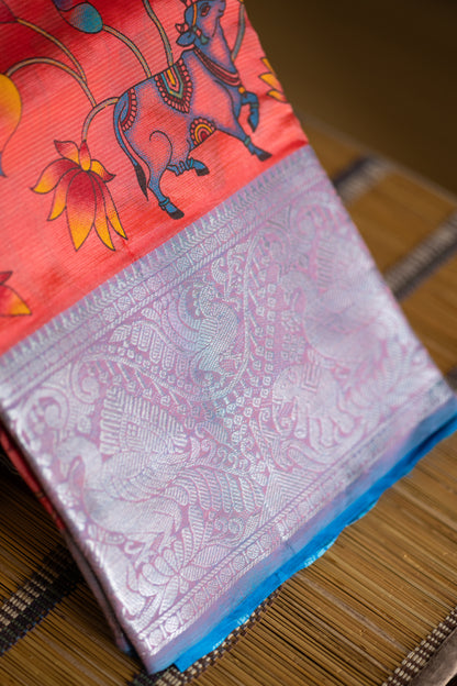 Mangalgiri silk cotton - Peachish pink with pichwai print