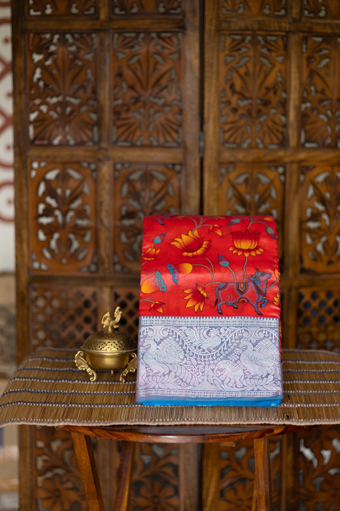 Mangalgiri silk cotton - Peachish pink with pichwai print