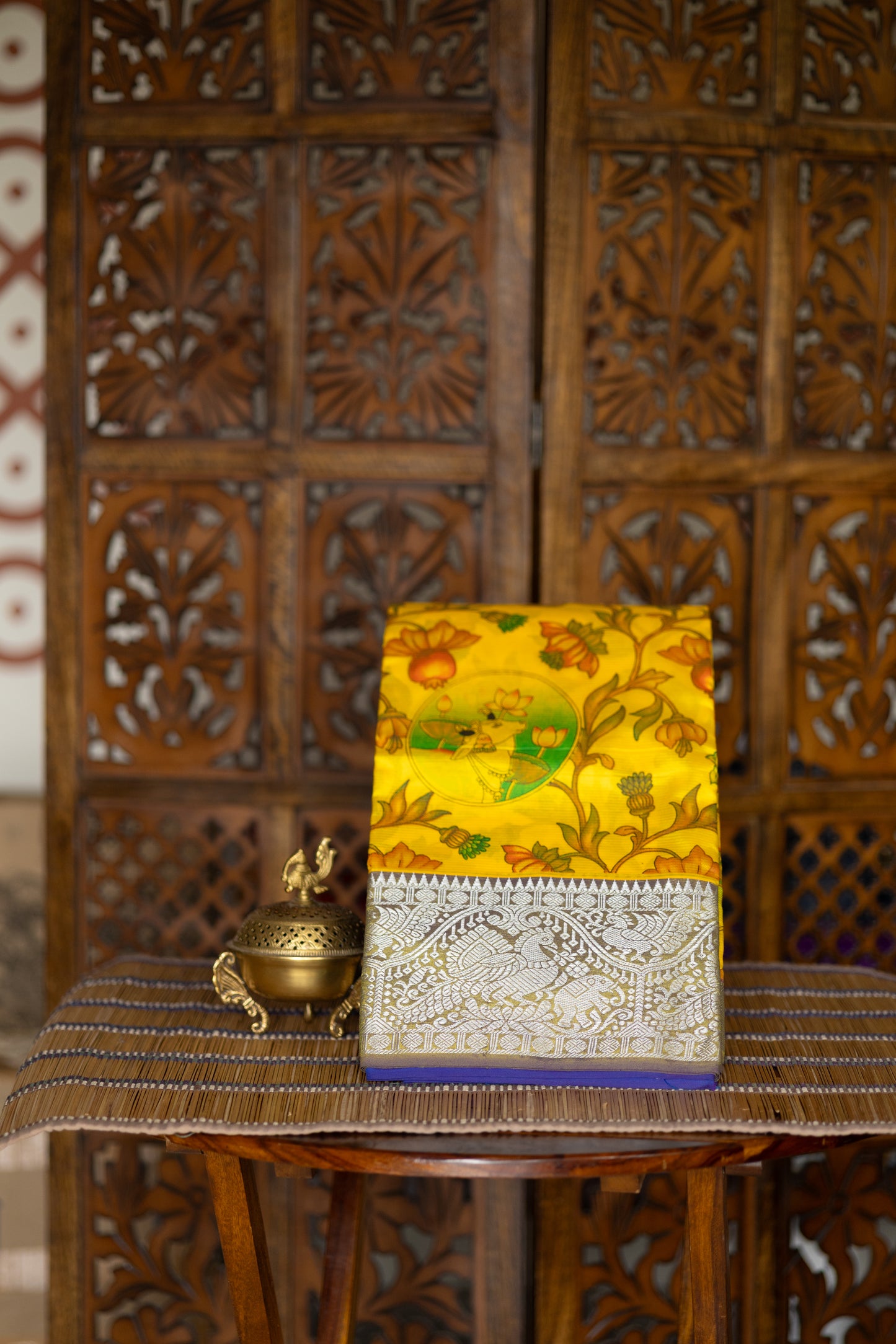Mangalgiri silk cotton - Turmeric yellow with pichwai print