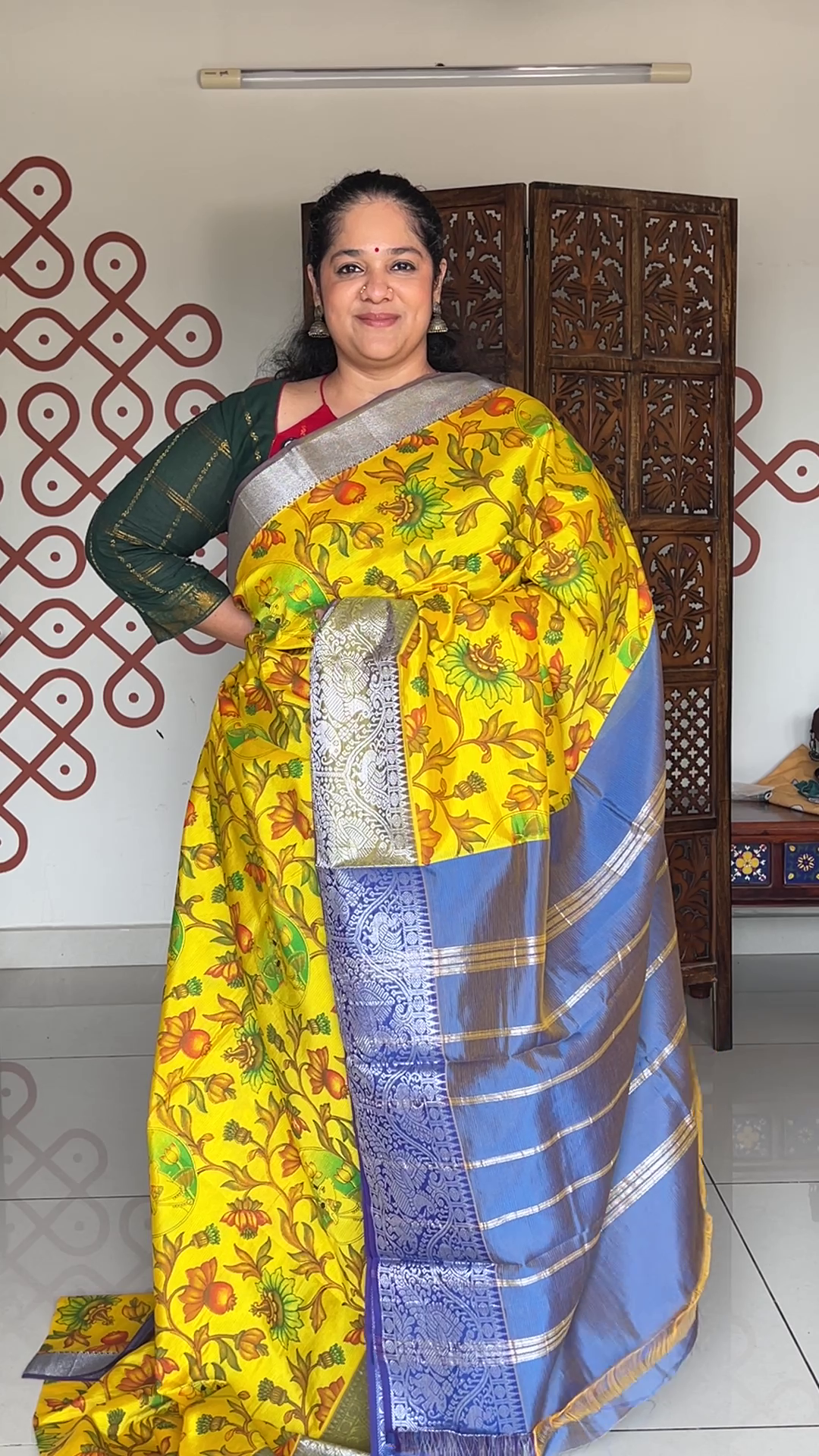 Mangalgiri silk cotton - Turmeric yellow with pichwai print
