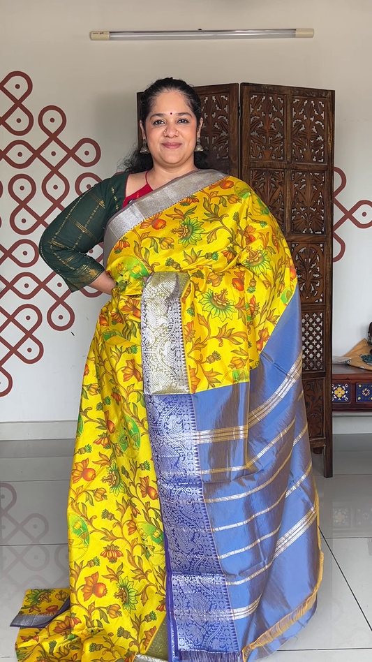 Mangalgiri silk cotton - Turmeric yellow with pichwai print