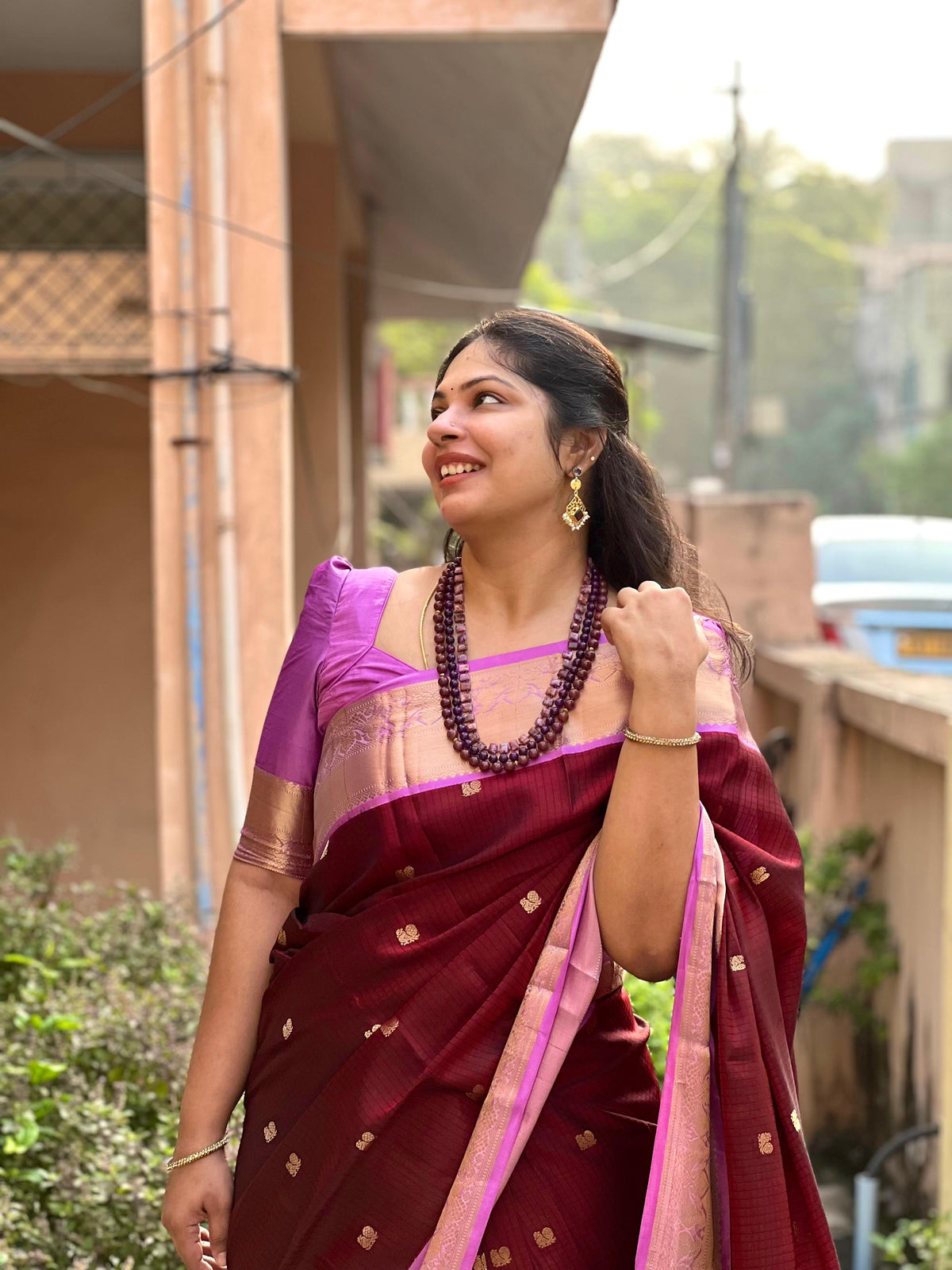 Maroon with Lavendar - Peacock Bhutta Saree