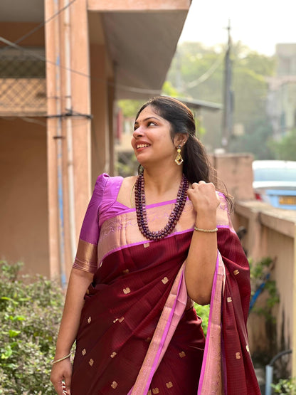 Maroon with Lavendar - Peacock Bhutta Saree