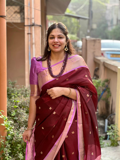 Maroon with Lavendar - Peacock Bhutta Saree