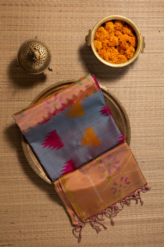 Metallic grey with chickoo pochampalli silk